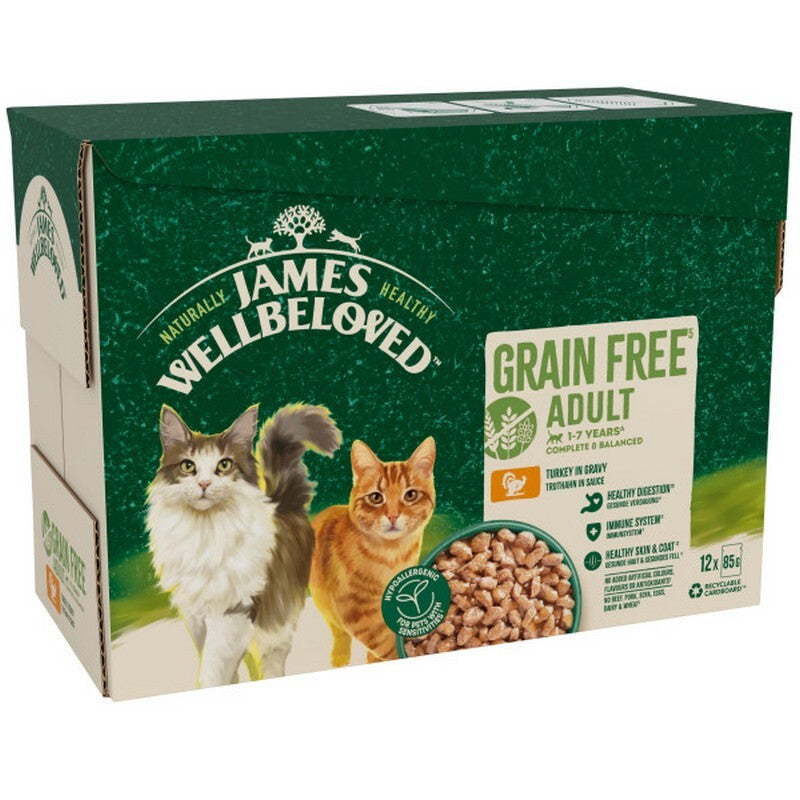 James Wellbeloved Adult Cat Grain Free Turkey in Gravy Pouches 85g x 12 x 4