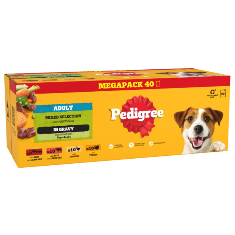 Pedigree Pouches Chicken Beef Turkey Lamb in Gravy 100g x 40 Mega Pack