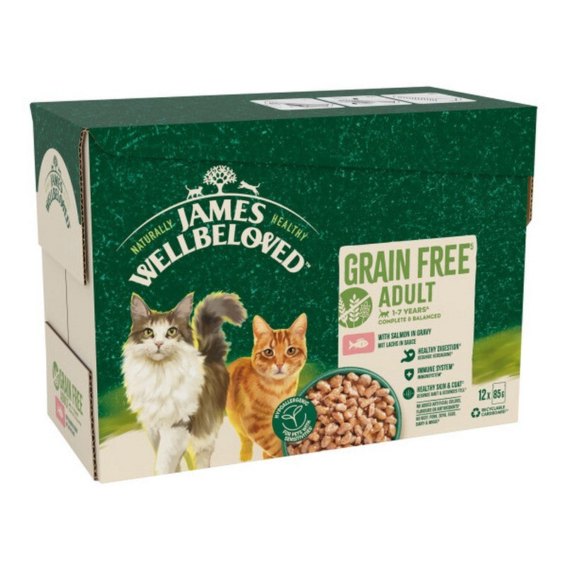 James Wellbeloved Adult Cat Grain Free Salmon in Gravy Pouches 85g x 12 x 4